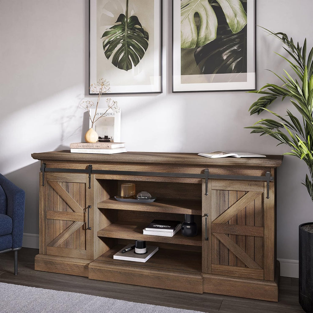 Modern Farmhouse TV Stand with Adjustable Shelves and Barn Doors Y220