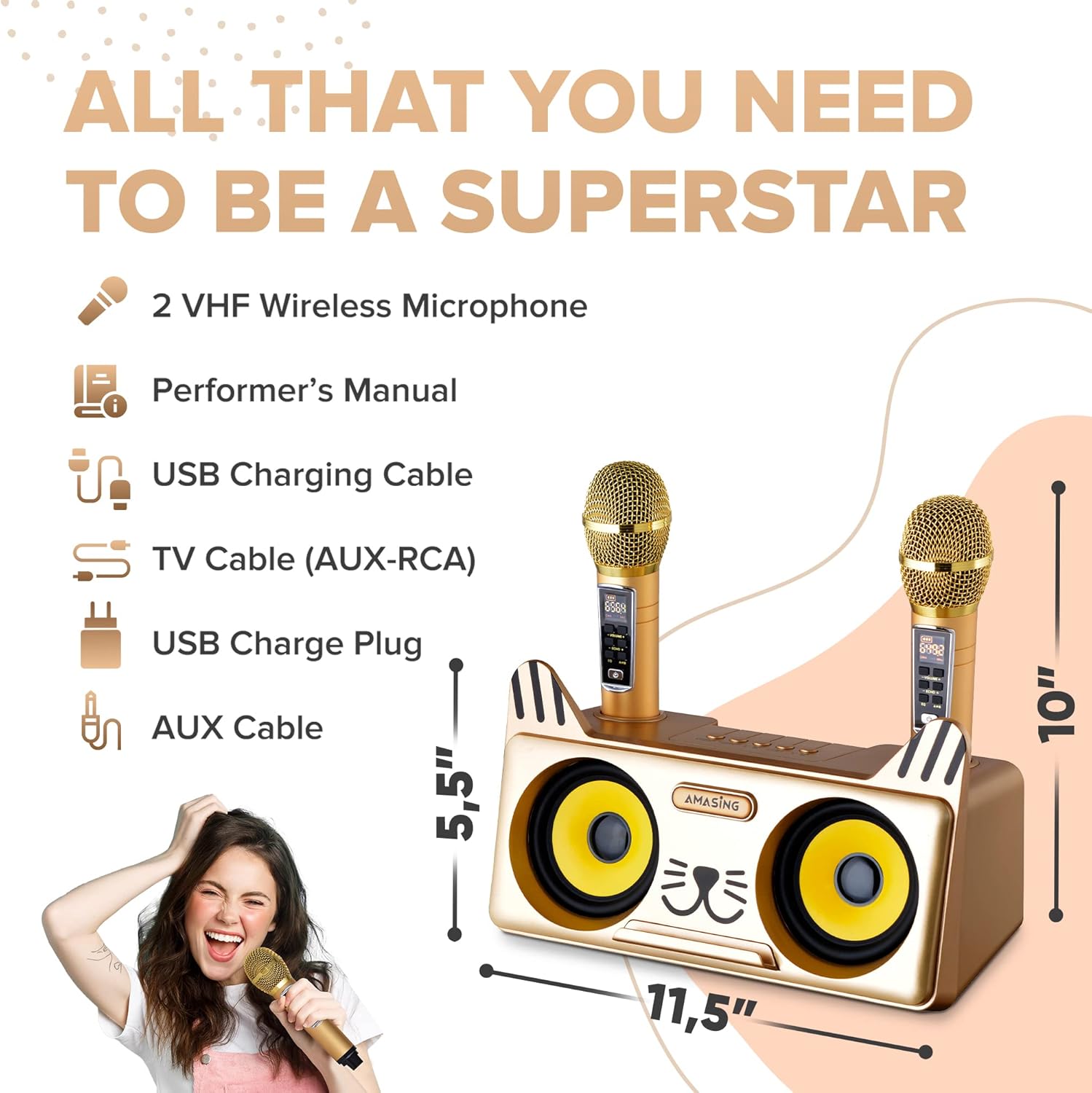 Portable Karaoke Machine with Bluetooth Speakers and 2 Wireless Microphones F238786