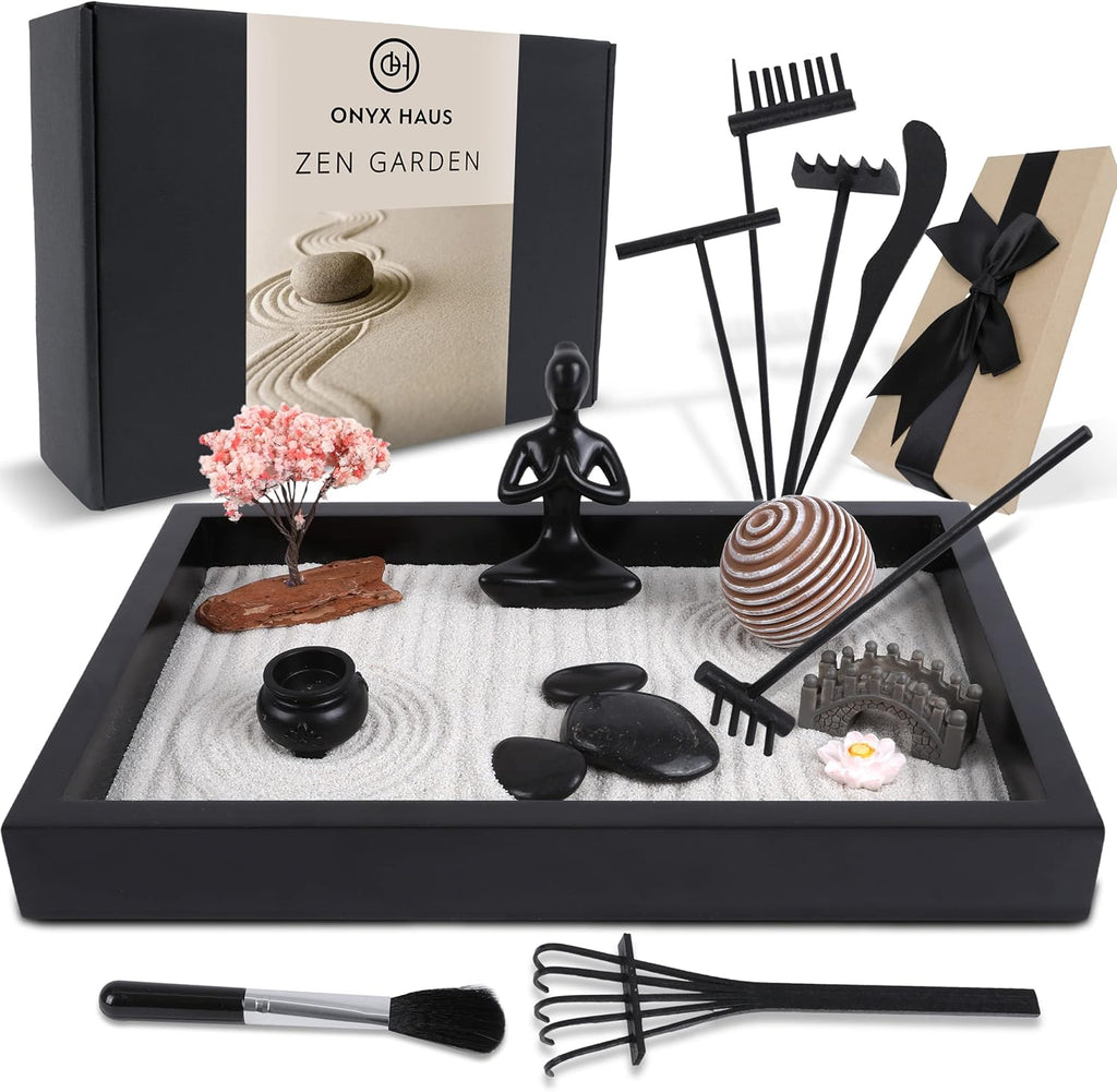 Zen Garden Desk Decor Set with Wooden Tray, White Sands, Rocks, Rake Tools, Pack of 2 M152269