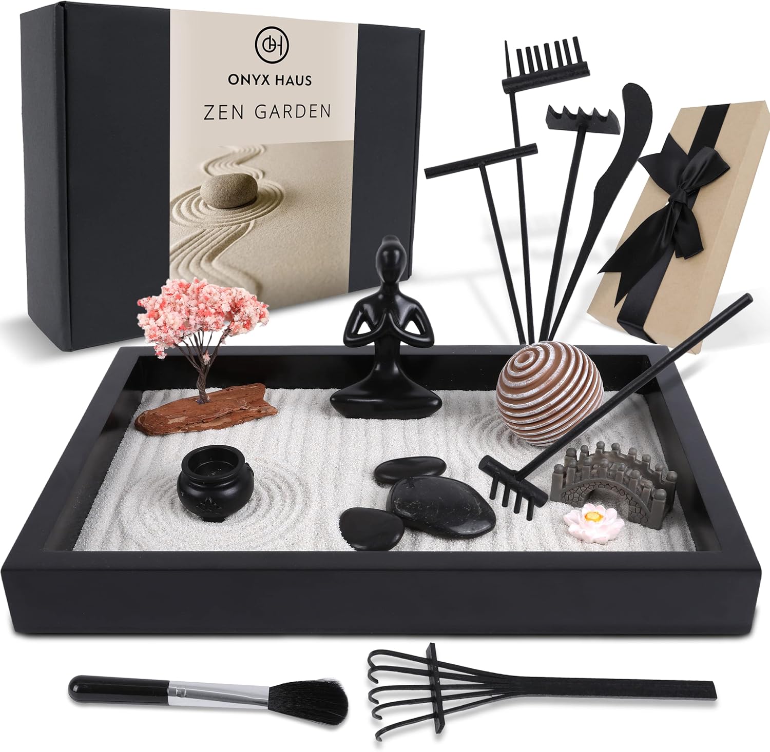 Zen Garden Desk Decor Set with Wooden Tray, White Sands, Rocks, Rake Tools, Pack of 2 M152269