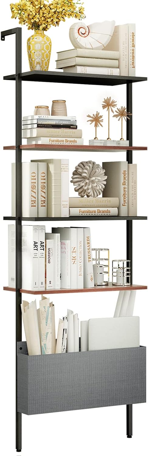 Walnut 4-Tier Wood Ladder Bookshelf with Black Metal Frame O18826
