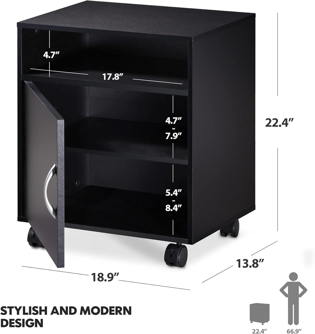 Mobile Black Wood Printer Stand with Storage Shelves and Wheels Z9112
