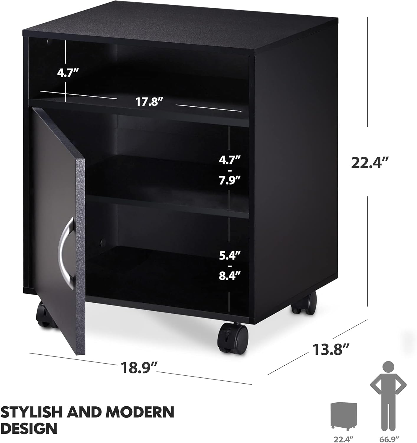 Mobile Black Wood Printer Stand with Storage Shelves and Wheels Z9112