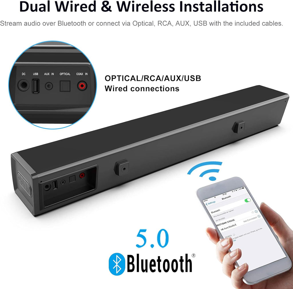 Sound Bar with Built-in Subwoofer, Bluetooth 5.0, 24-Inch E9333