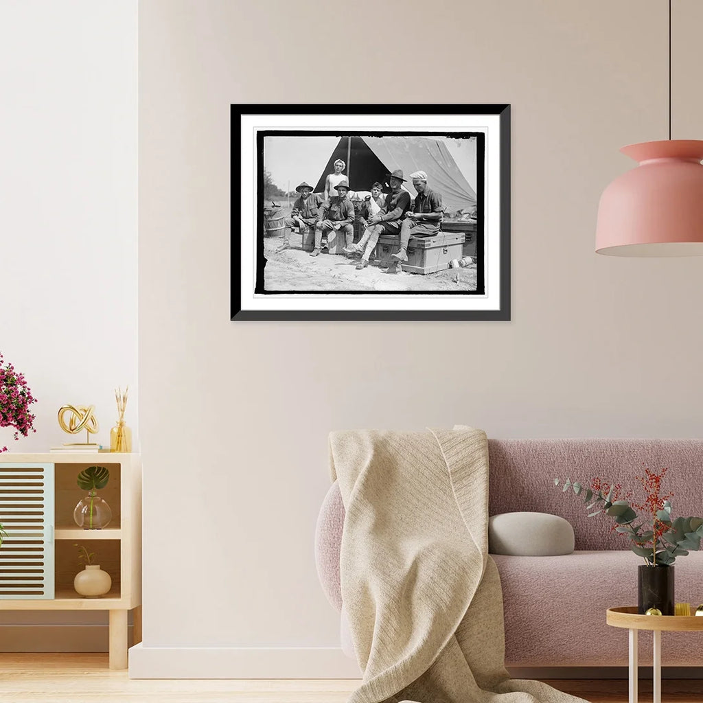 Historic Framed Print, U.S. Army group of soldiers in front of tent, 17-7/8" x 21-7/8" T455452