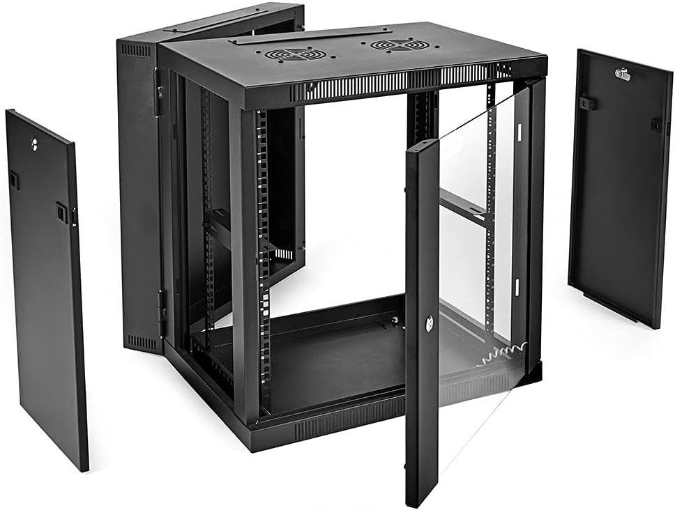 12U Wall-Mount Network Cabinet Enclosure, 650mm Depth, Hinged Back, Swing Gate Server Cabinet, Locks, Pre-Assembled, Reversible Glass Front Door, 2 Fans W760457