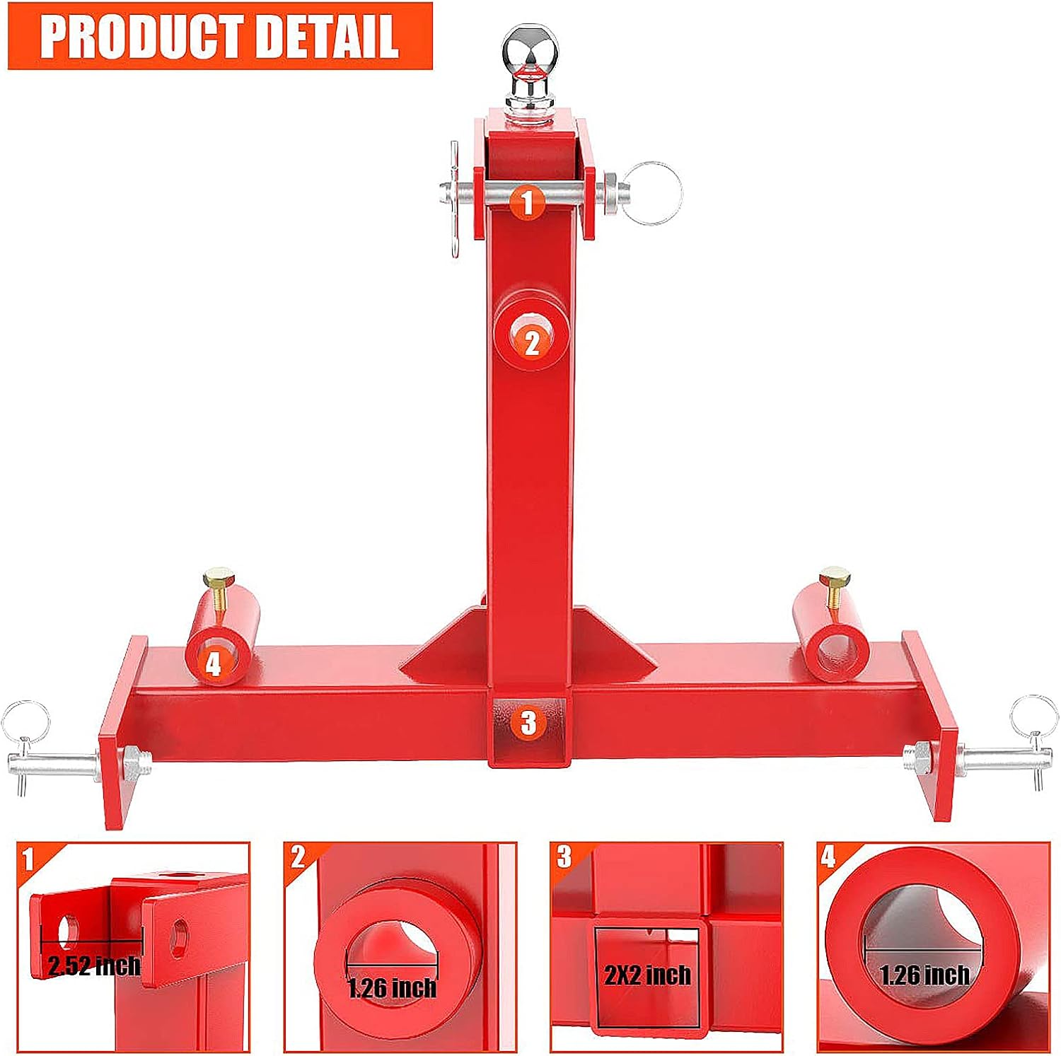49” Hay Bale Spear 3 Point Trailer Hitch with 2" Receivers for Category 1 Tractors with 2 x 17” Stabilizer Spears 3000lbs Capacity & 1-7/8'' Trailer Ball Gooseneck Drawbar H4678