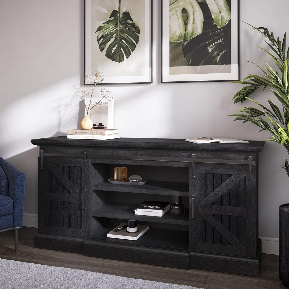 Modern Farmhouse TV Stand with Adjustable Shelves and Barn Doors Y220