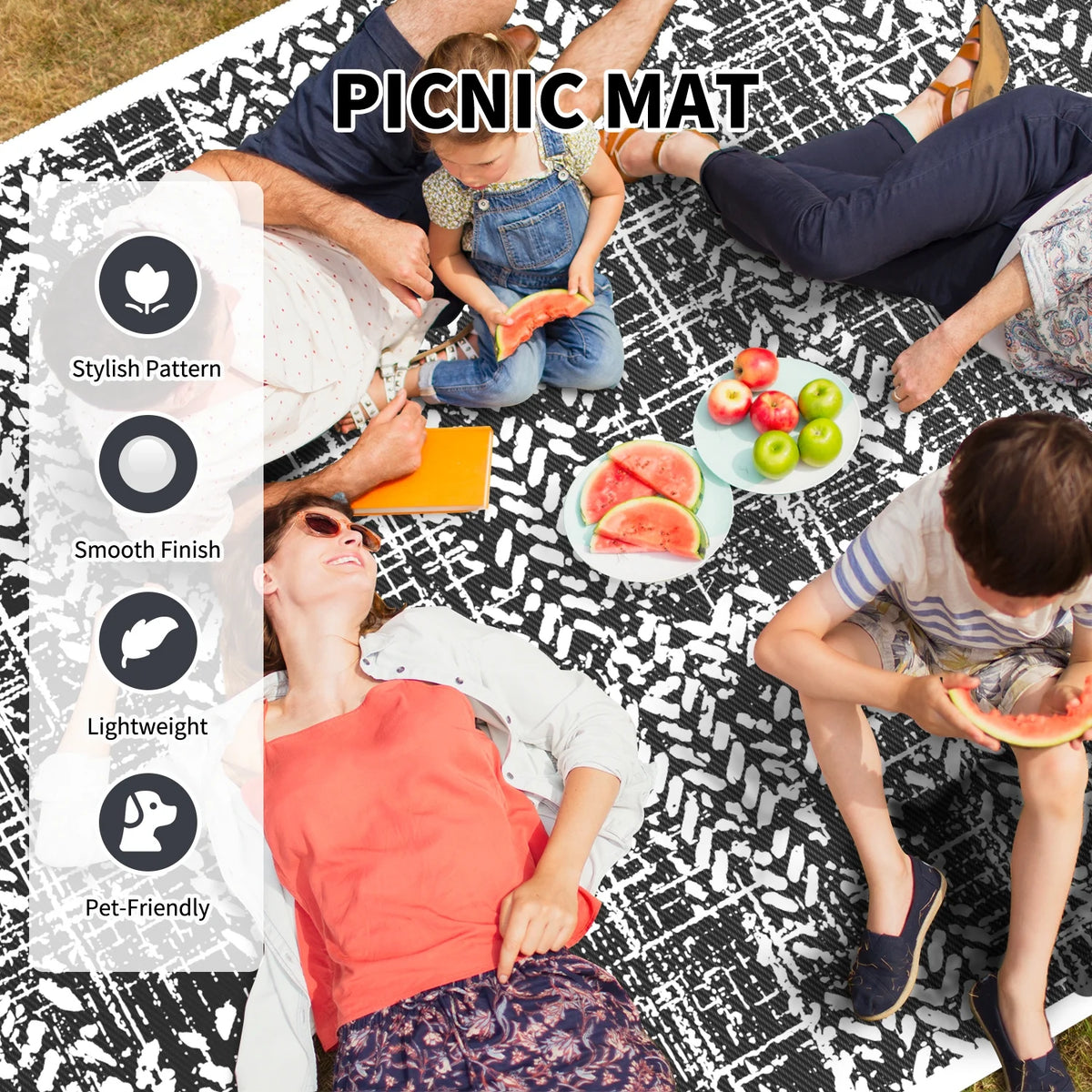 Black and White Waterproof Plastic Straw Reversible Outdoor Rug 5x8 G488