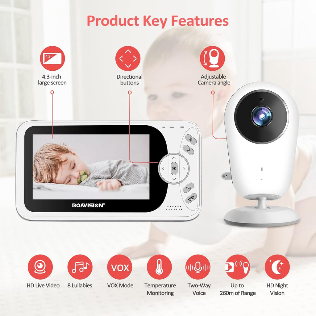 Video Baby Monitor with Camera and Audio, 4.3 inch IPS Screen, Night Vision, Pack of 2 A196611