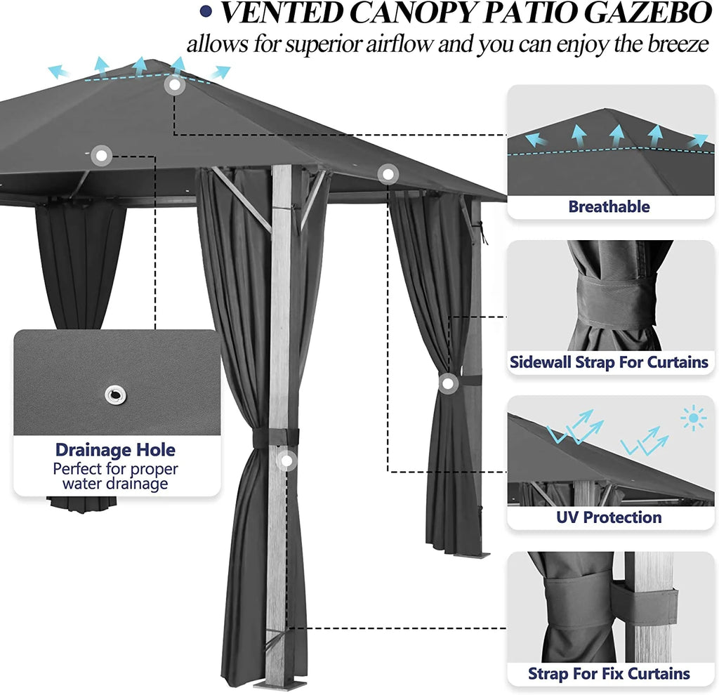 10×10FT Outdoor Patio Gazebo with Vented Polyester Roof, Powder-Coated Aluminum Frame C4814