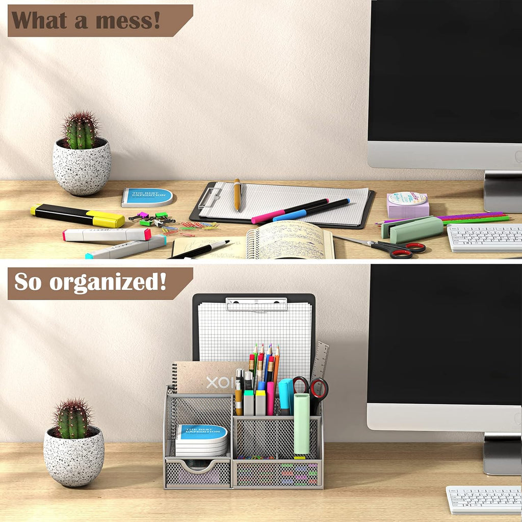 Metal Desk Organizer with 6 Compartments and 1 Drawer V658952