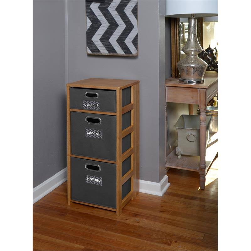 Medium Oak Grey Square Folding Bookcase with Fabric Bins S48581