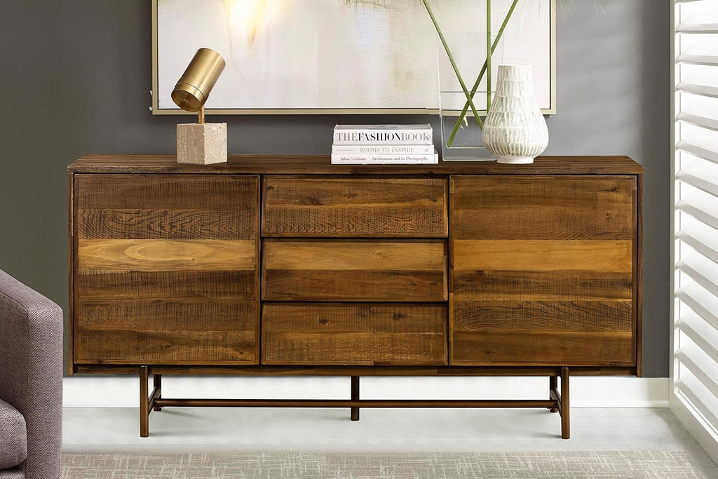 Mixed Wood Dining Buffet Cabinet Credenza Storage 62 Wide Matte Brass P9330