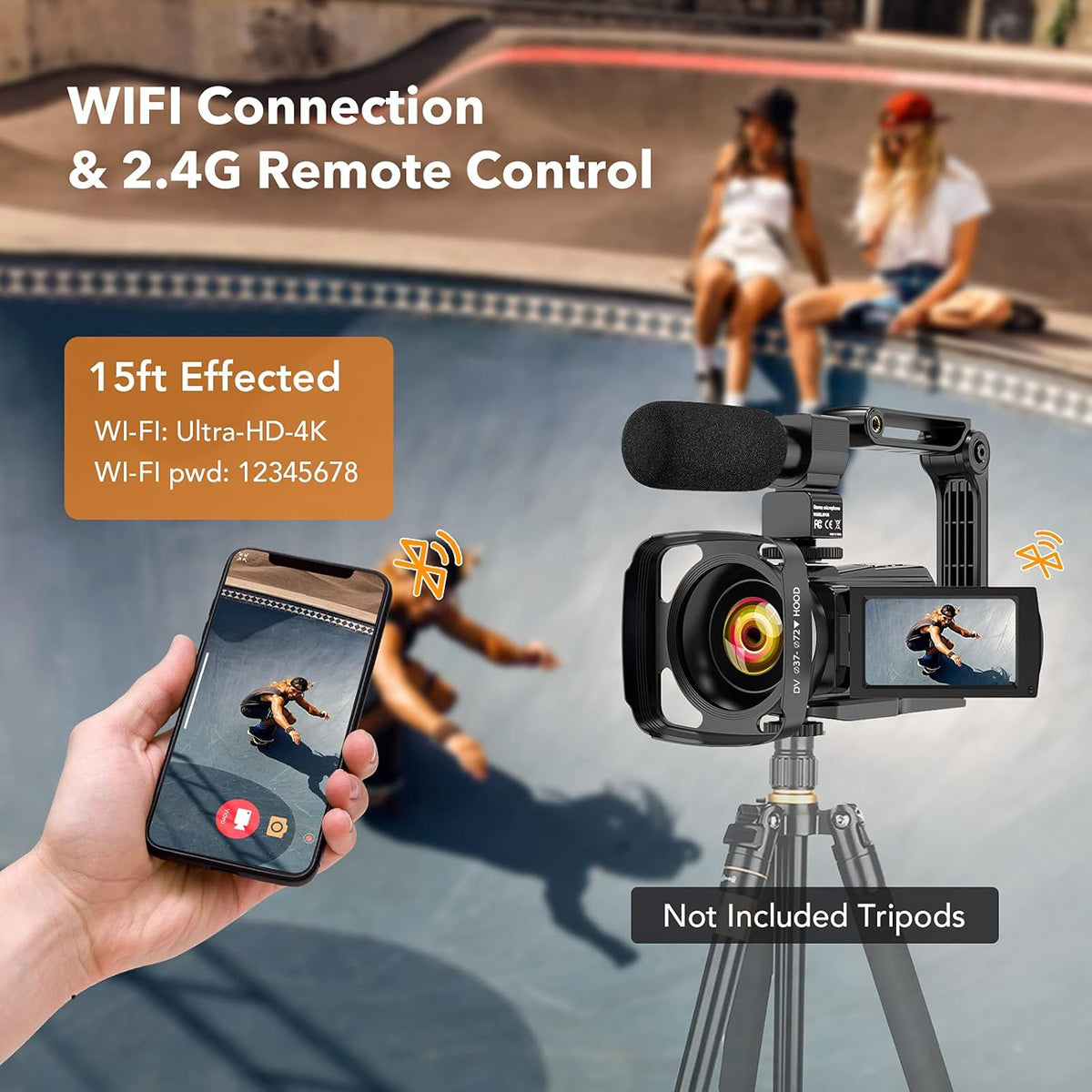 4K 60FPS 48MP Camcorder with Microphone and 2 Batteries F724733