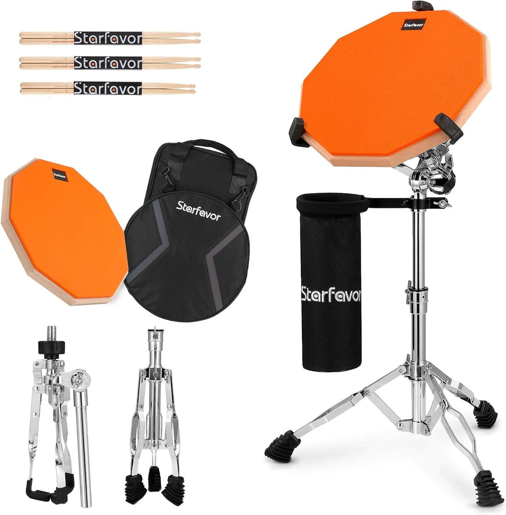 12-Inch Double Sided Silent Drum Practice Pad with Snare Drum Stand, Drum Sticks, Carrying Bag, Orange Z238151