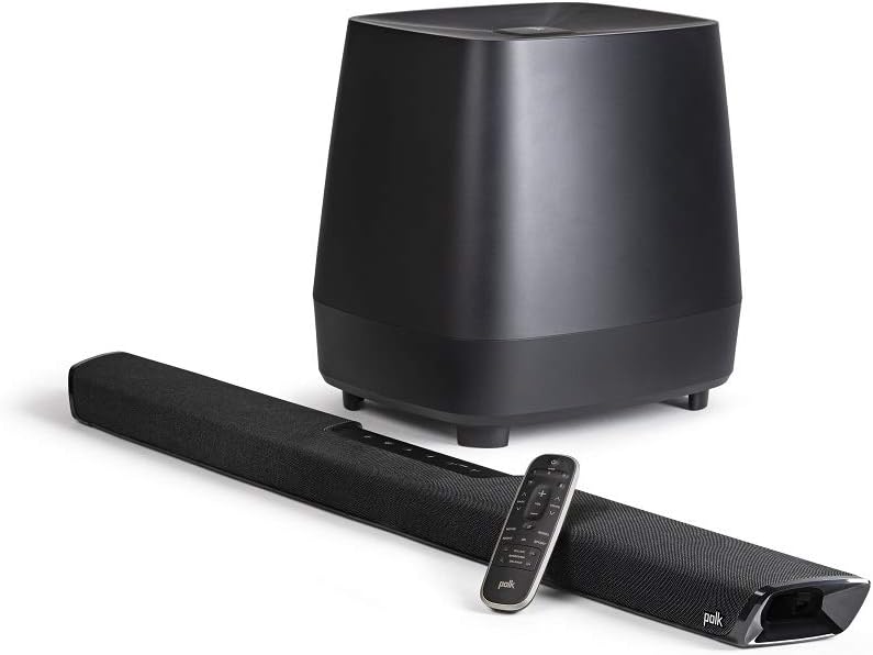 Black Wireless Surround Sound Bar with Subwoofer and Two Speakers T49420