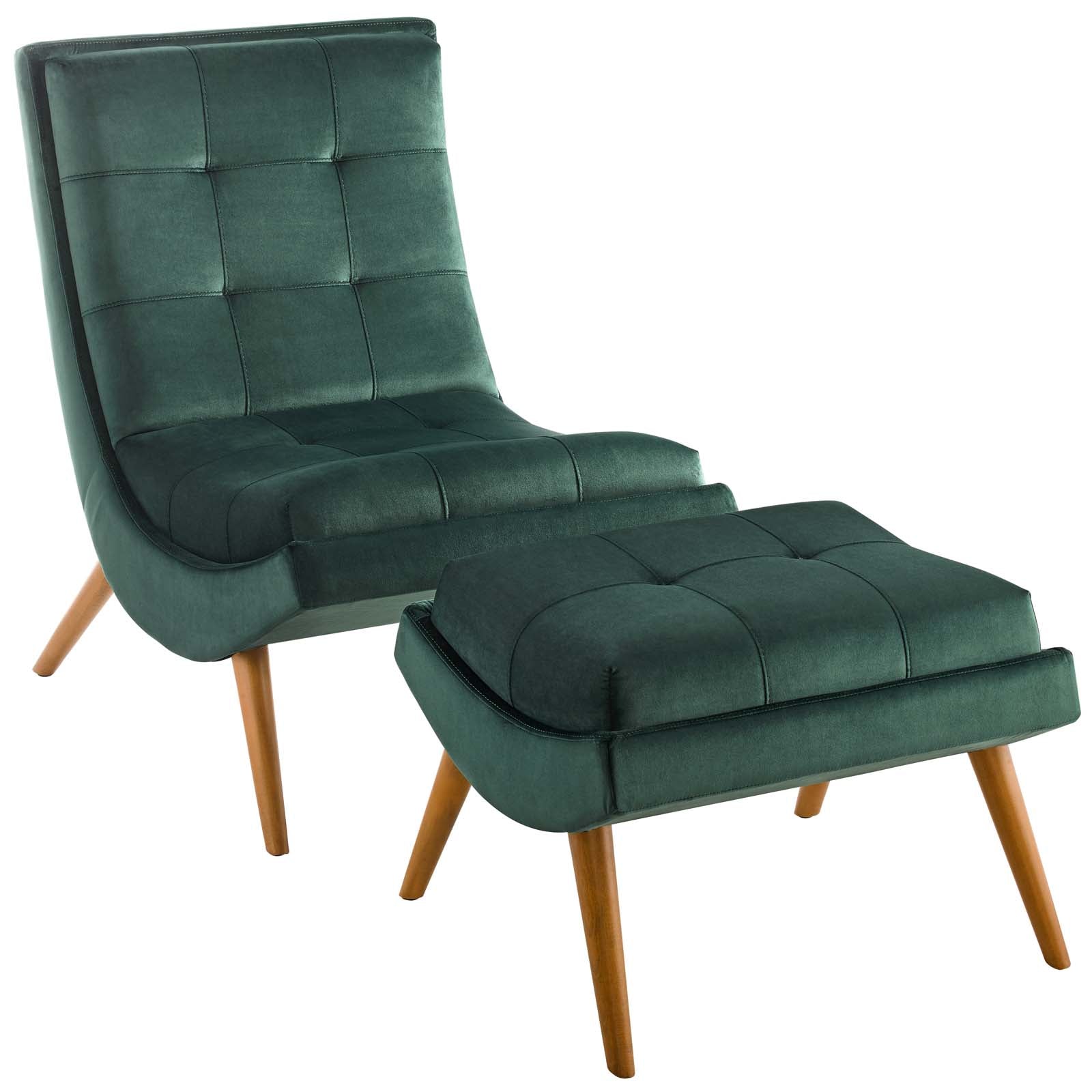 Green Velvet Lounge Chair and Ottoman Set Q689077
