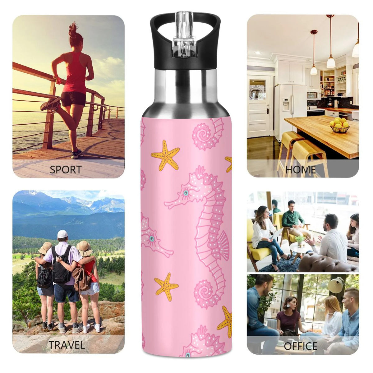 Pink Seahorse Starfish Stainless Steel Insulated Water Bottle A5349