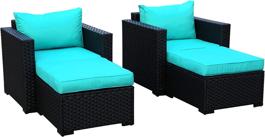 Black Rattan 4 Piece Outdoor Wicker Sectional Sofa with Turquoise Cushions Z691