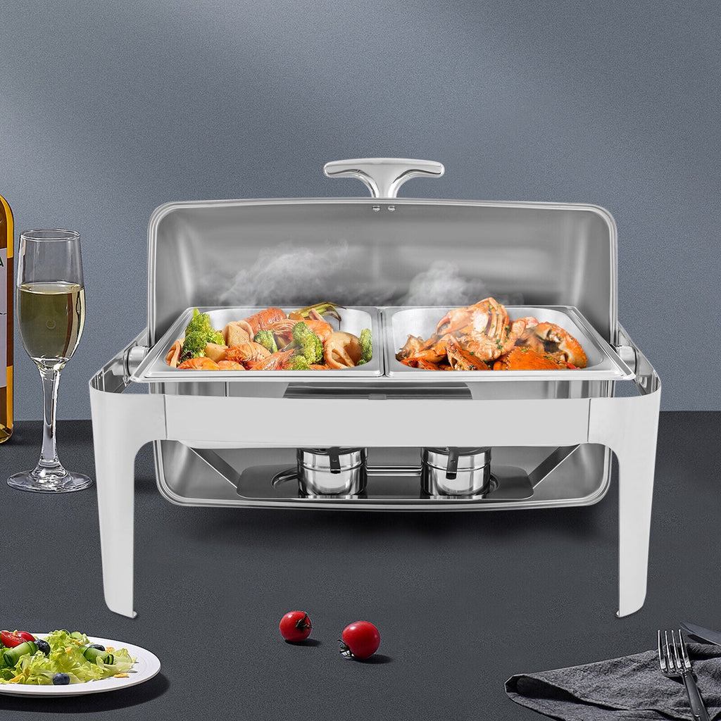 Silver Stainless Steel Chafer Buffet Chafing Dish Set Roll Top Food Warmer U456