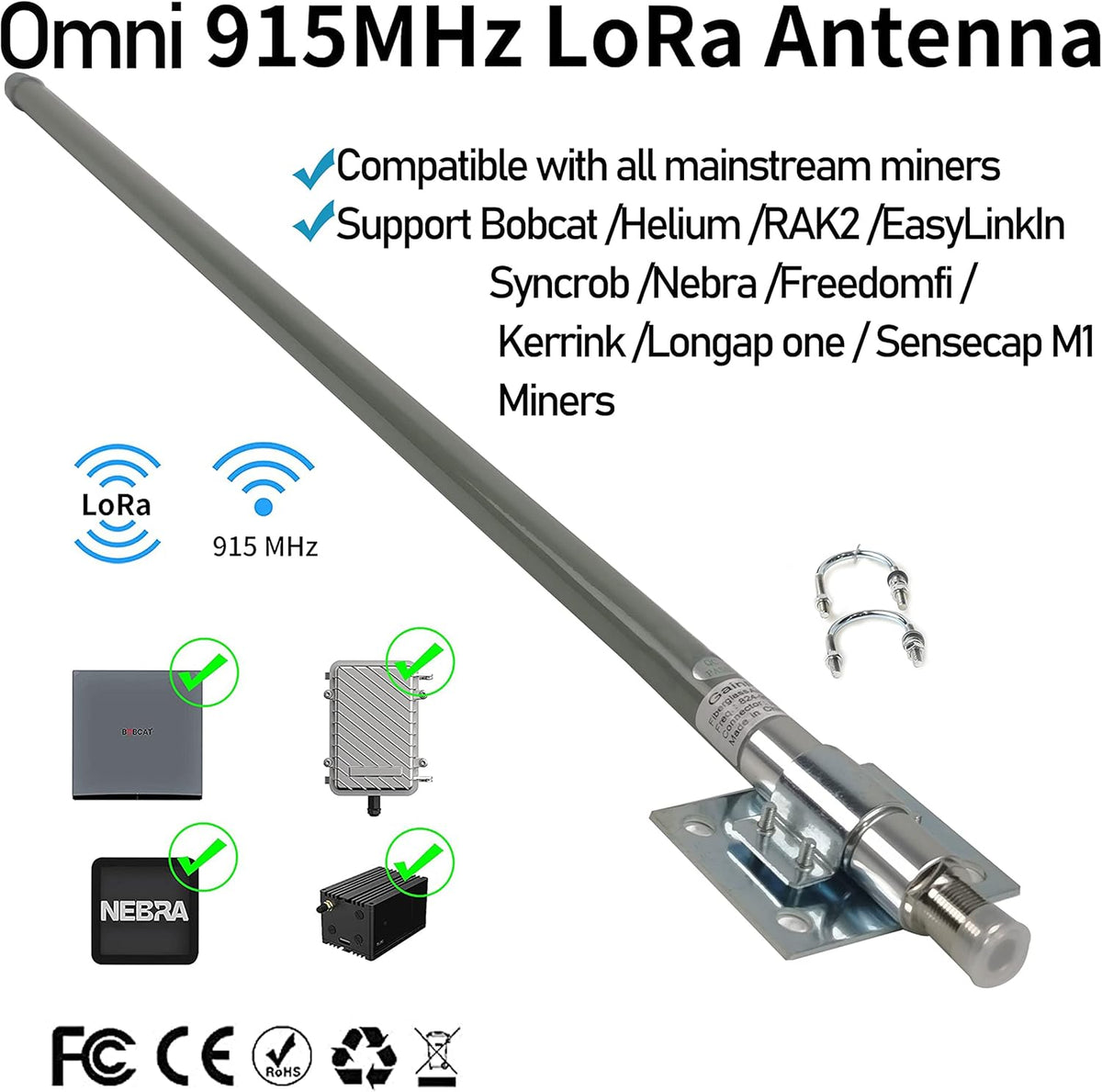 Helium Bobcat HNT Hotspot Lora LoT Antenna 868/915mhz 10dbi 35.4inch+32.8ft SMA/RP-SMA Cable S69845