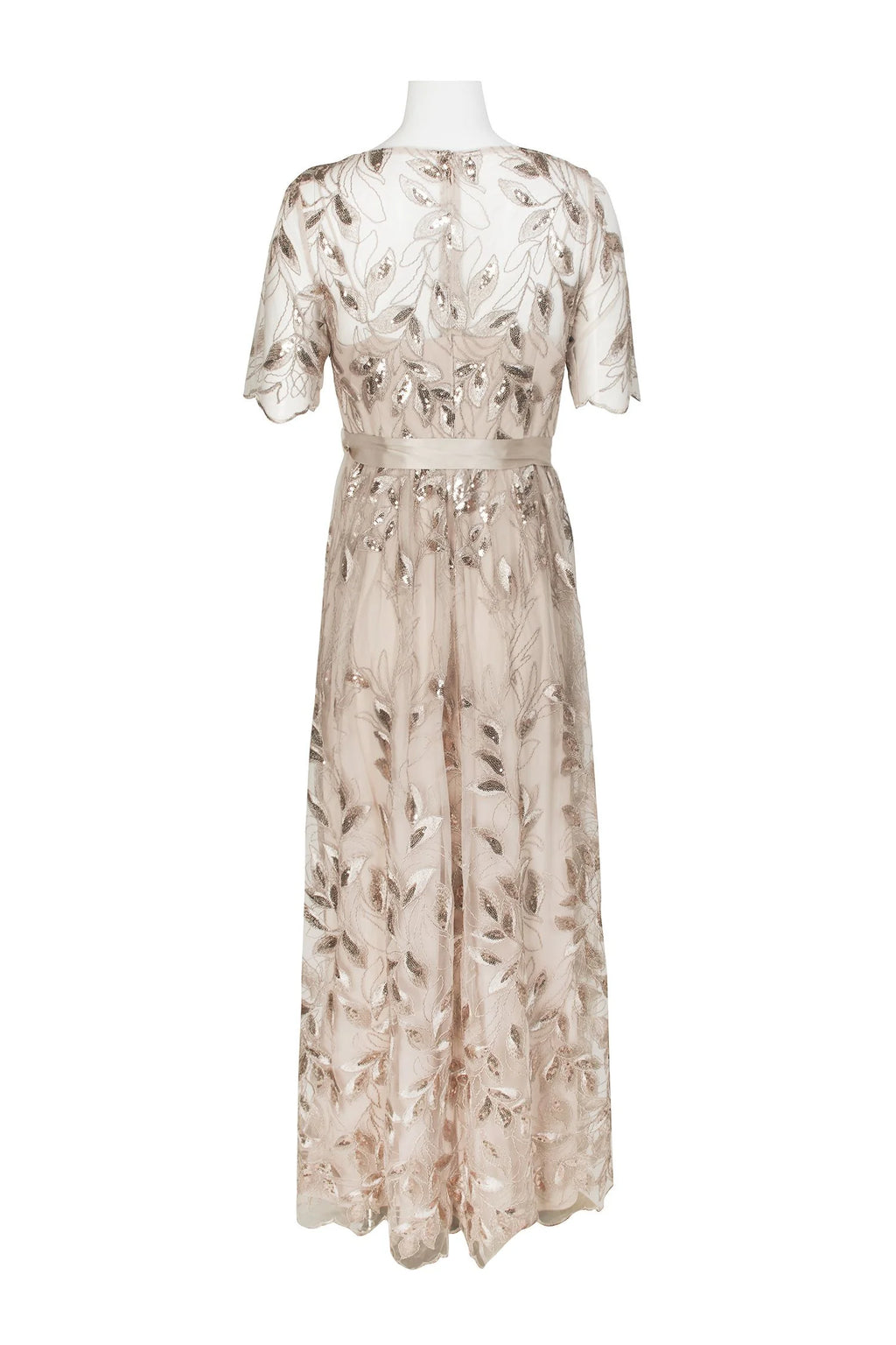 Champagne Gold V-Neck Short Sleeve Embellished Long Mesh Dress O487643
