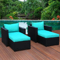 Black Rattan 4 Piece Outdoor Wicker Sectional Sofa with Turquoise Cushions Z691