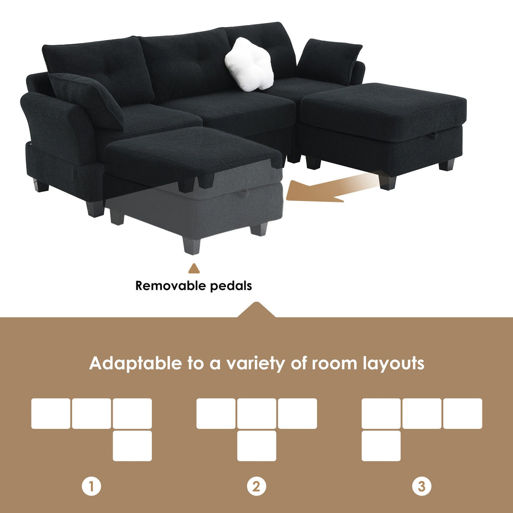 Black Velvet Sectional Sofa with Storage Ottoman O377