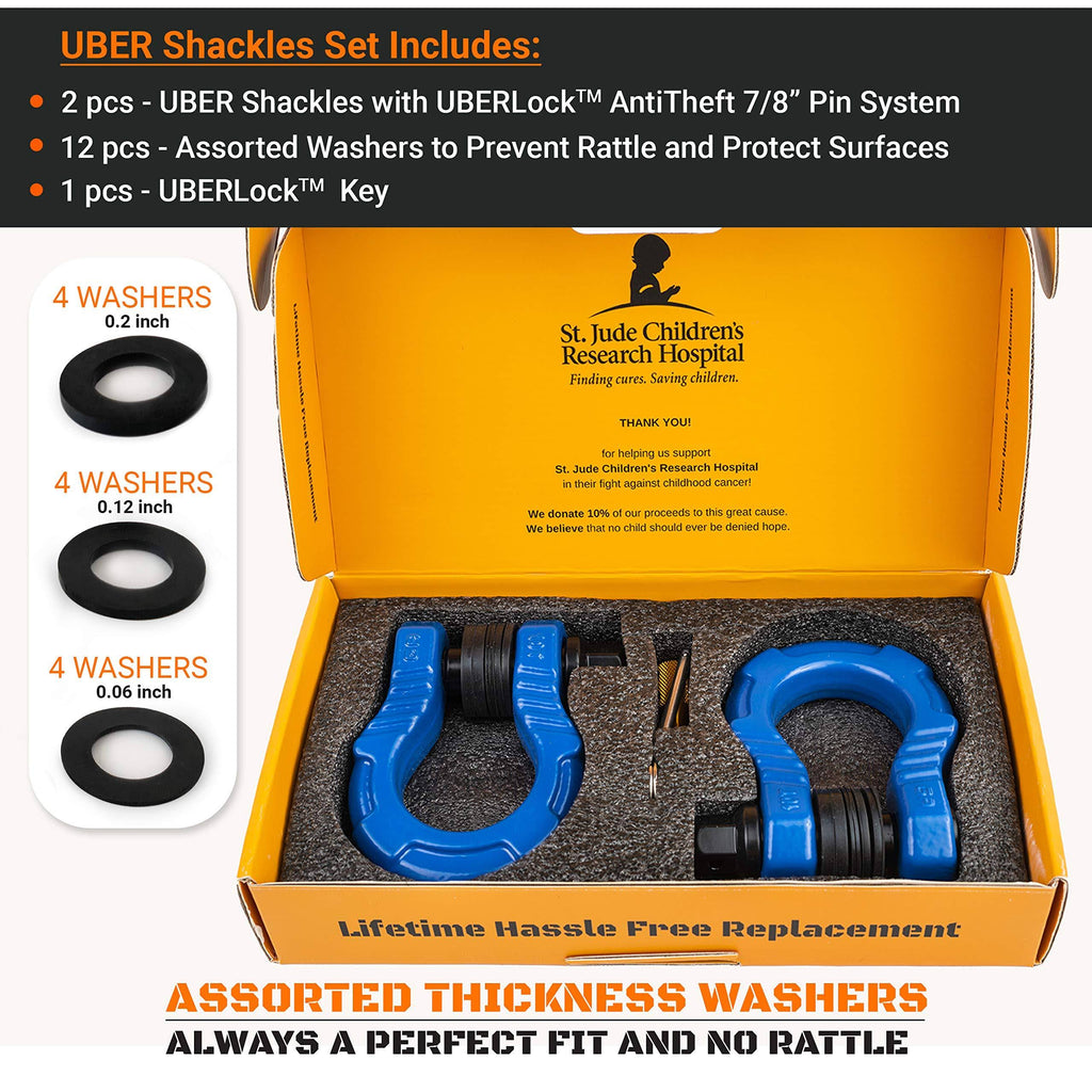 Uber Shackles with Anti Theft Lock (2pk) Blue 80,000 lbs Towing D-Rings S870