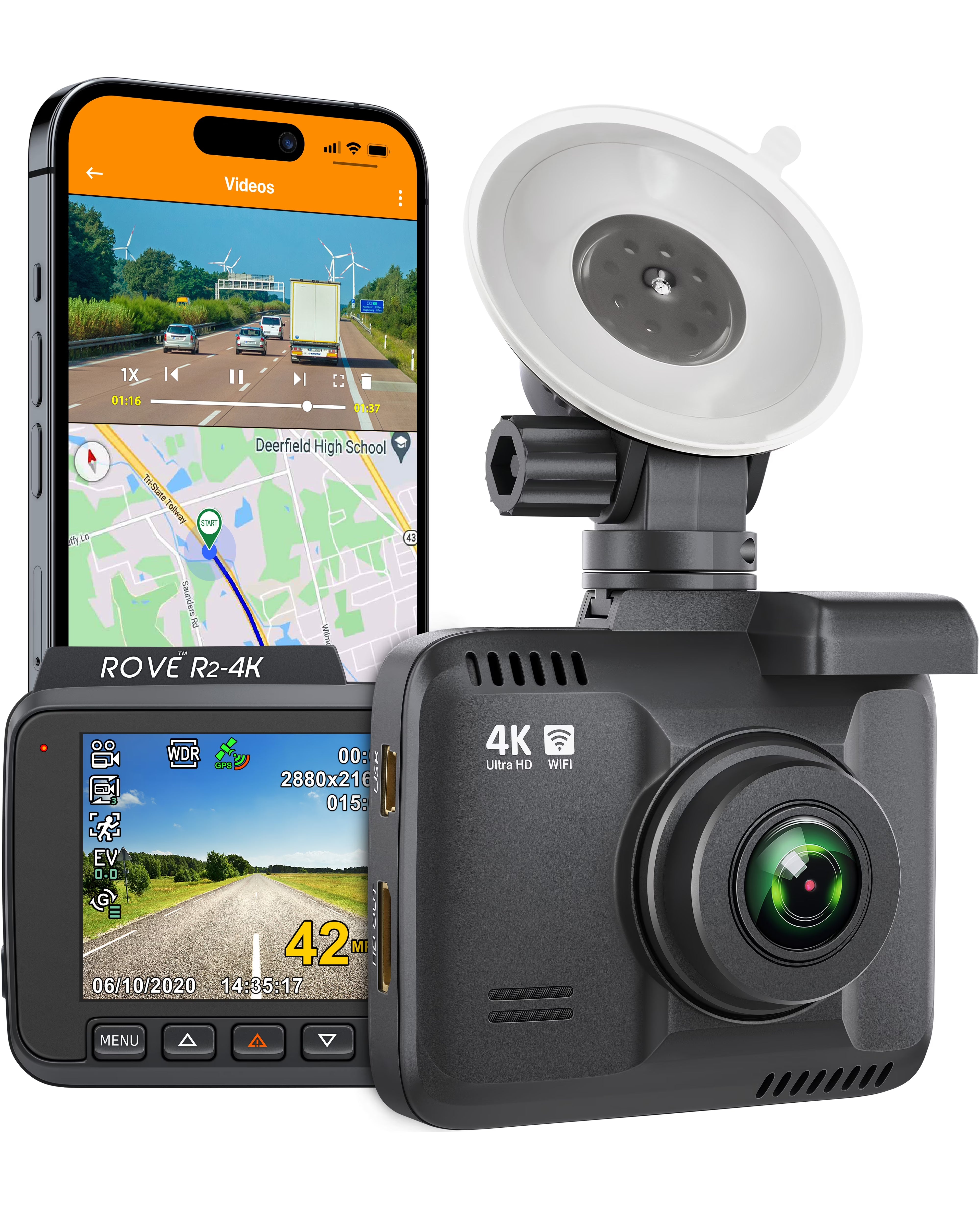 R2-4K Dash Cam with Built-in WiFi GPS, UHD 2160P, 2.4" LCD Display, 150° Wide Angle, WDR, Night Vision J9875