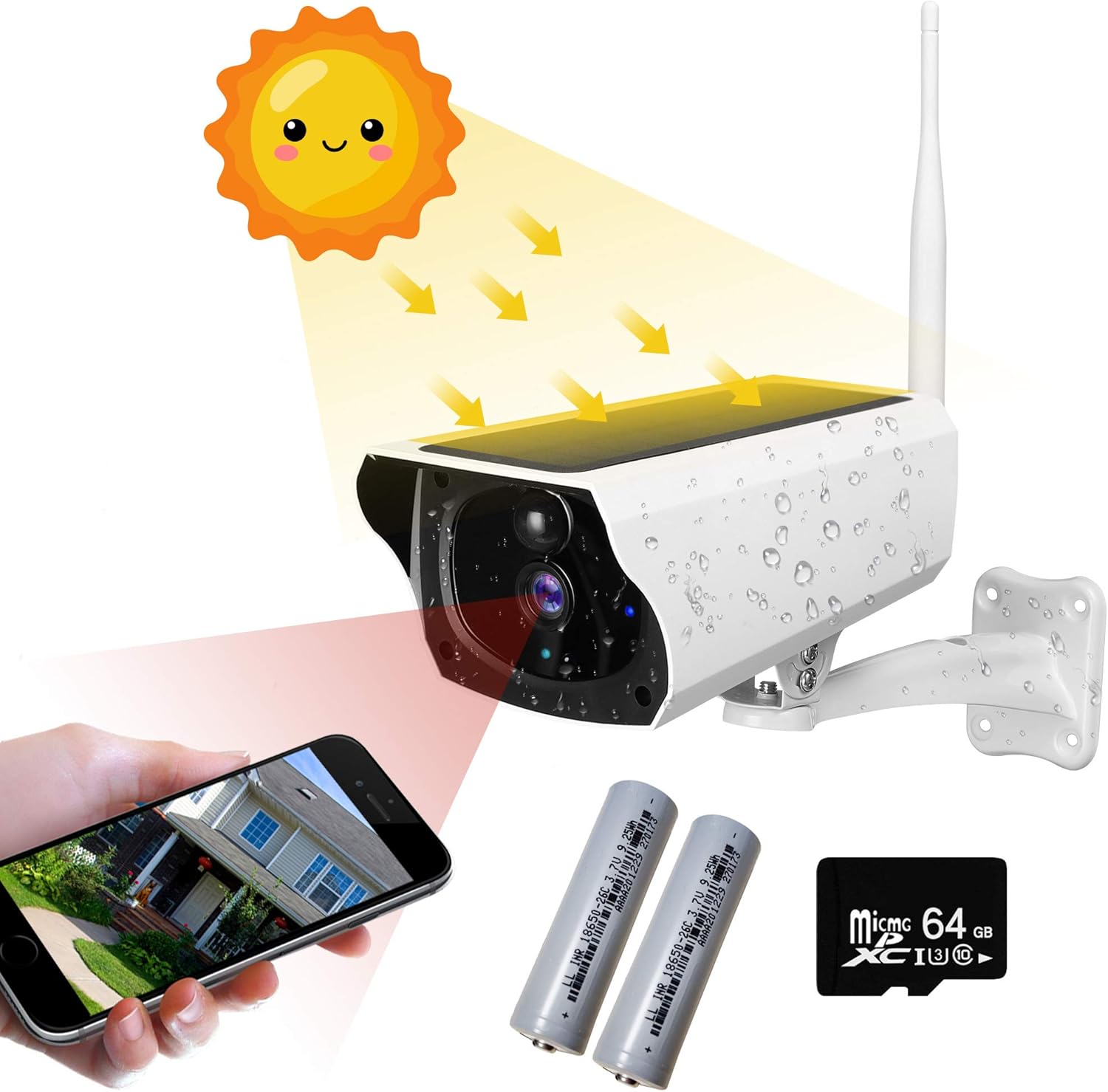 Outdoor Solar Security Camera 1080P HD Wireless WiFi Surveillance Camera with Night Vision, 2-Way Audio, IP67 Waterproof, 64G SD Card S7634