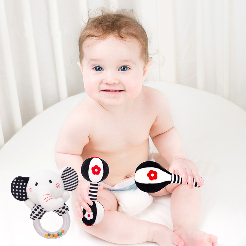 3PCS Soft Plush Baby Rattles High Contrast Black and White Sensory Toy T7273