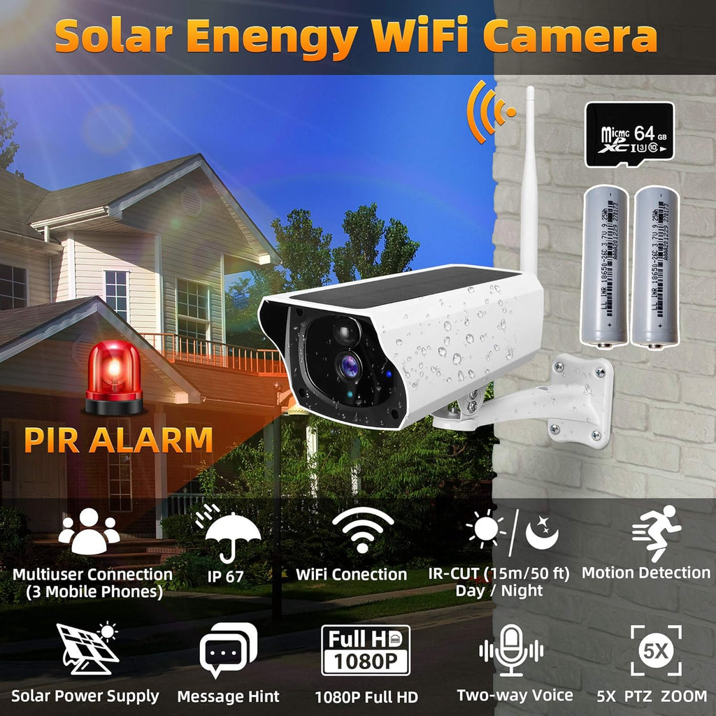 Outdoor Solar Security Camera 1080P HD Wireless WiFi Surveillance Camera with Night Vision, 2-Way Audio, IP67 Waterproof, 64G SD Card S7634