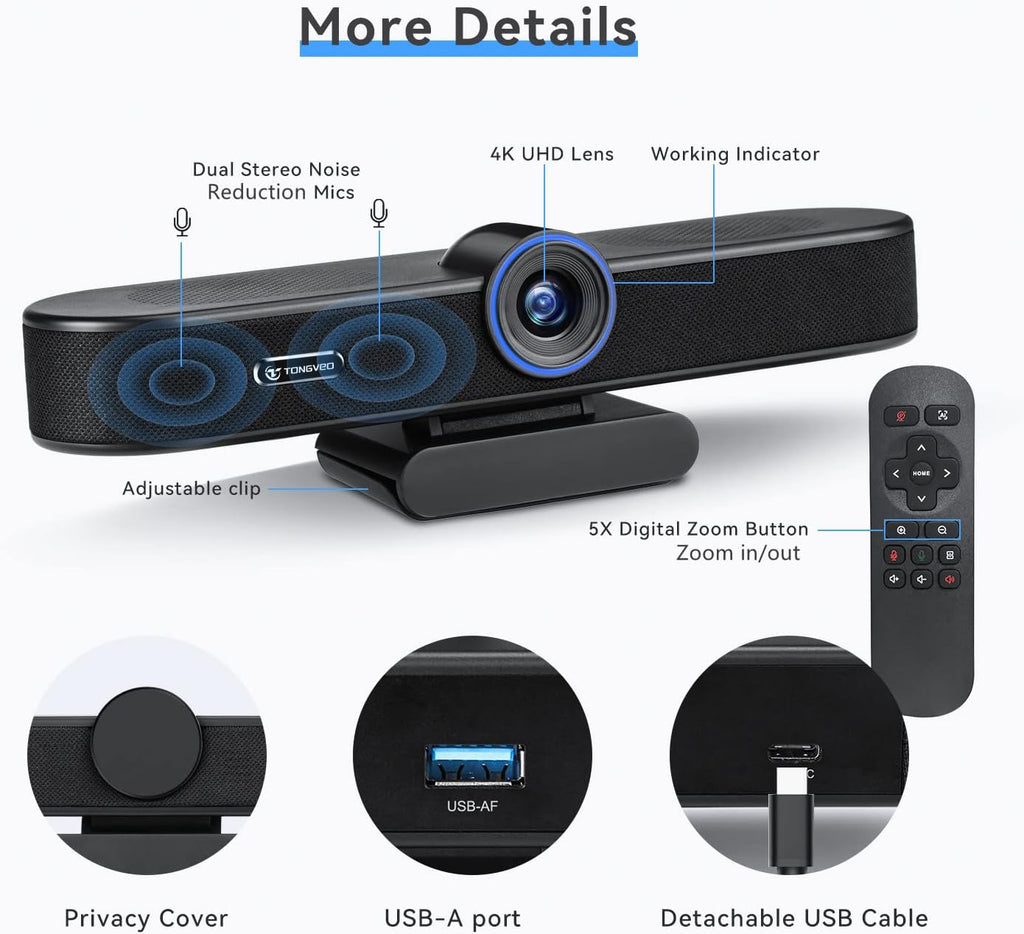 4K Webcam with Microphone and Speaker, 5X Digital Zoom, Privacy Cover, 120° Wide Field View N2086