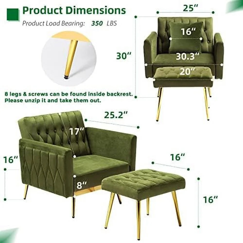 Olive Green Velvet Single Recliner Armchair with Ottoman and Pillow G903867