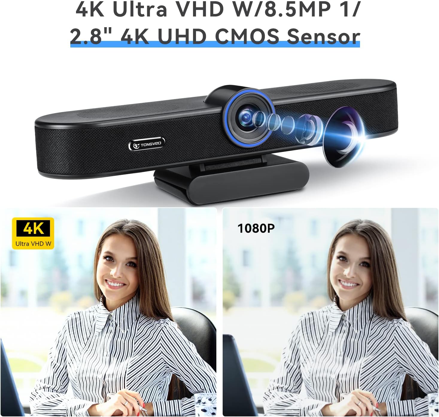 4K Webcam with Microphone and Speaker, 5X Digital Zoom, Privacy Cover, 120° Wide Field View N2086