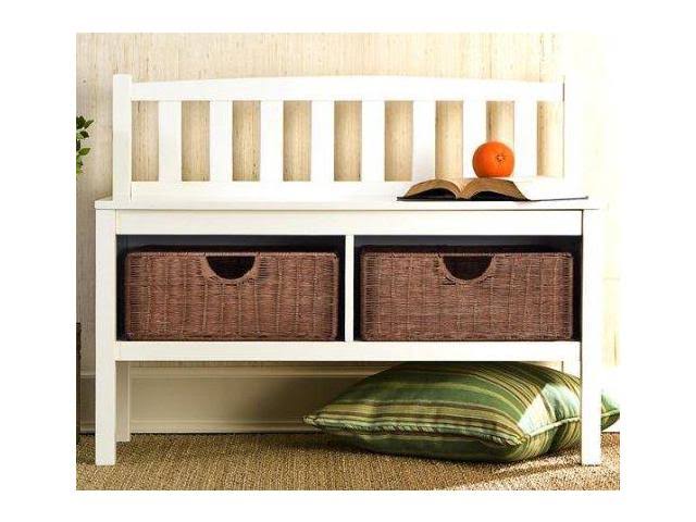 White Bench with Rattan Baskets C83281