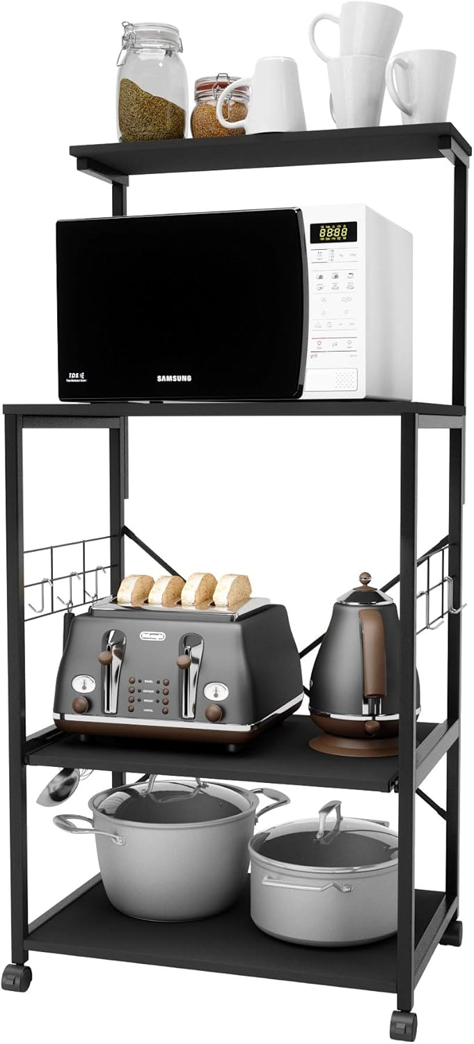 4 Tier Kitchen Utility Storage Shelf Cart on Wheels with Side Hooks (Gray) Q5887