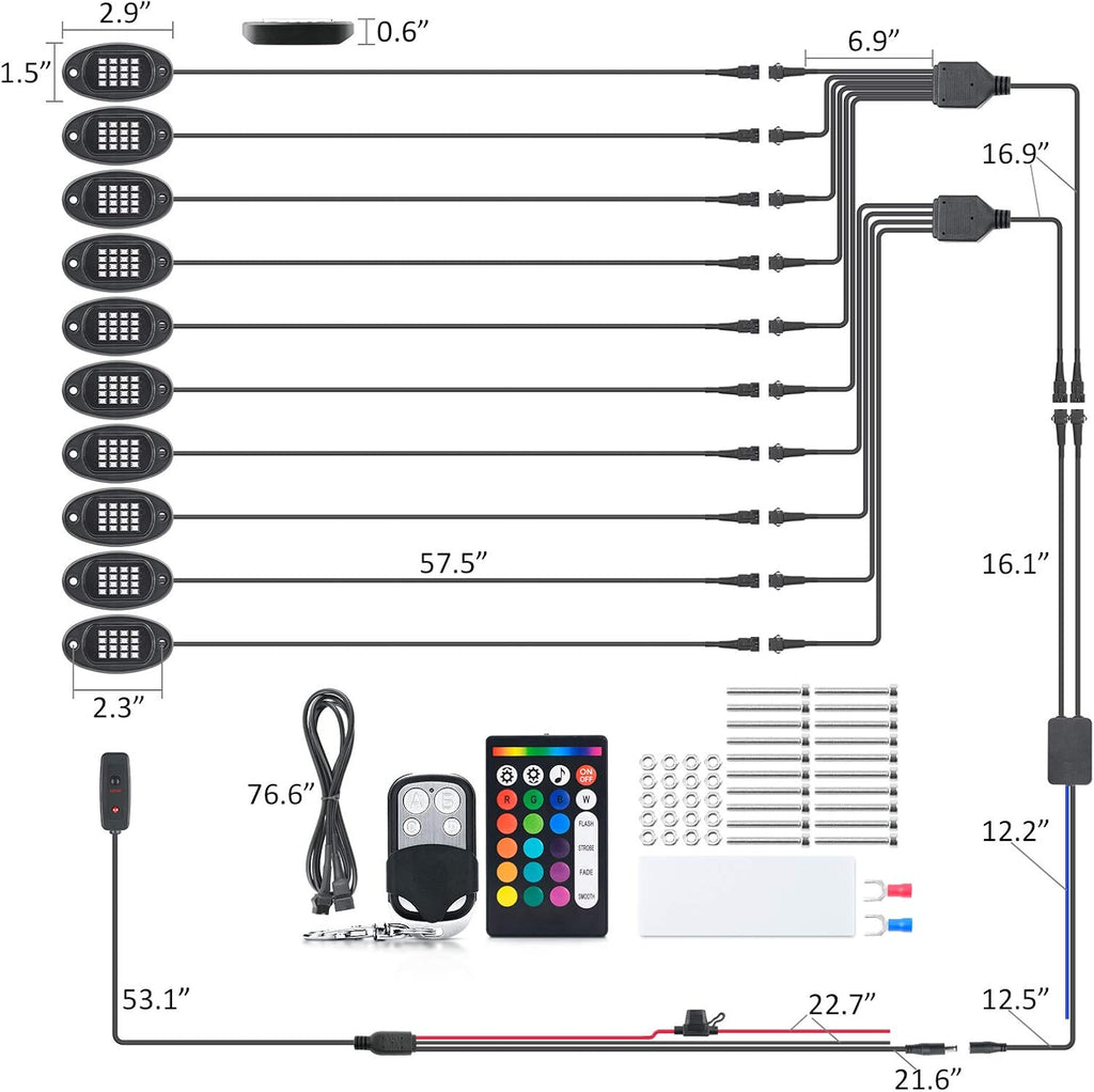 10 Pods RGB LED Rock Lights with APP/Double RF Remote Control for Cars Off Road SUV ATV UTV Vehicles Pack of 2 Z3706