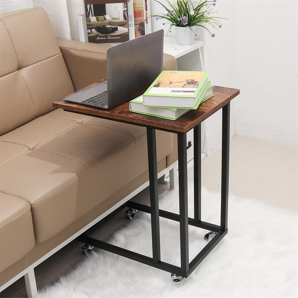 Rustic C Table with Metal Frame and 4 Rolling Casters K6022
