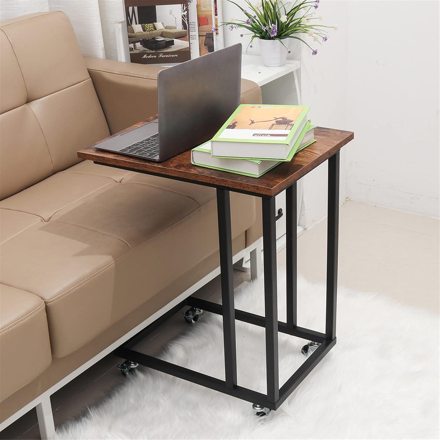 Rustic C Table with Metal Frame and 4 Rolling Casters K6022