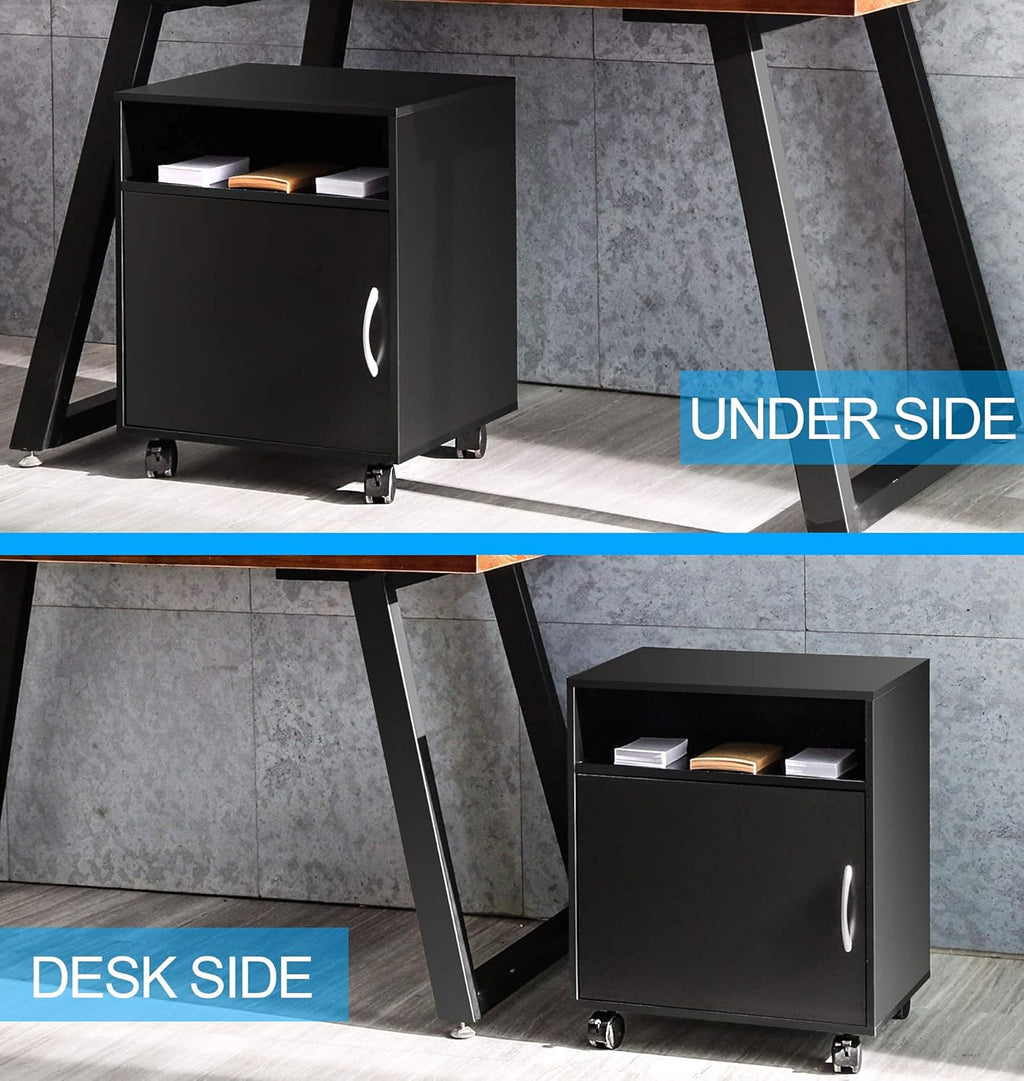 Mobile Black Wood Printer Stand with Storage Shelves and Wheels Z9112