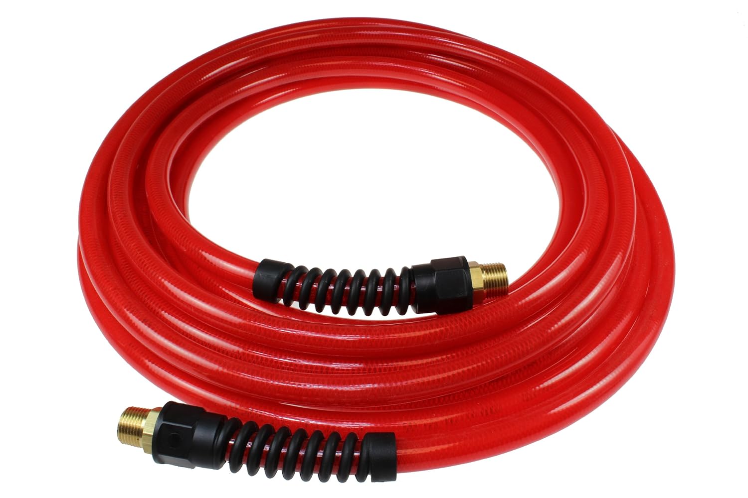 Transparent Yellow Reinforced Polyurethane Air Hose, 3/8-Inch ID, 100-Foot Length with Reusable Strain Relief Fittings F33439