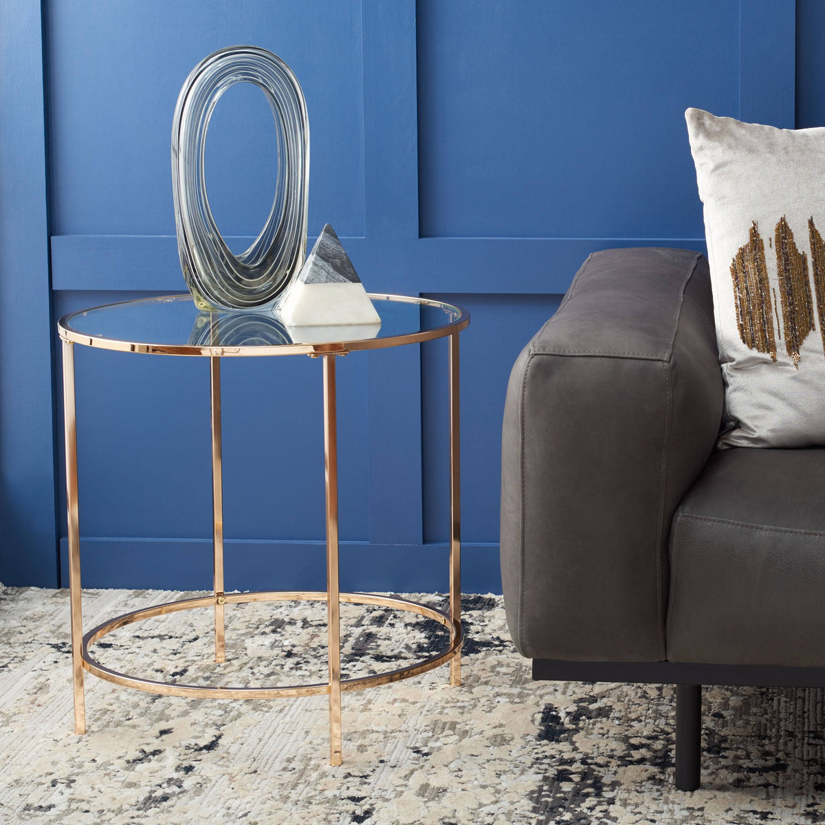 Round Glass Side Table with Polished Gold Frame R97035