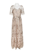 Champagne Gold V-Neck Short Sleeve Embellished Long Mesh Dress O487643