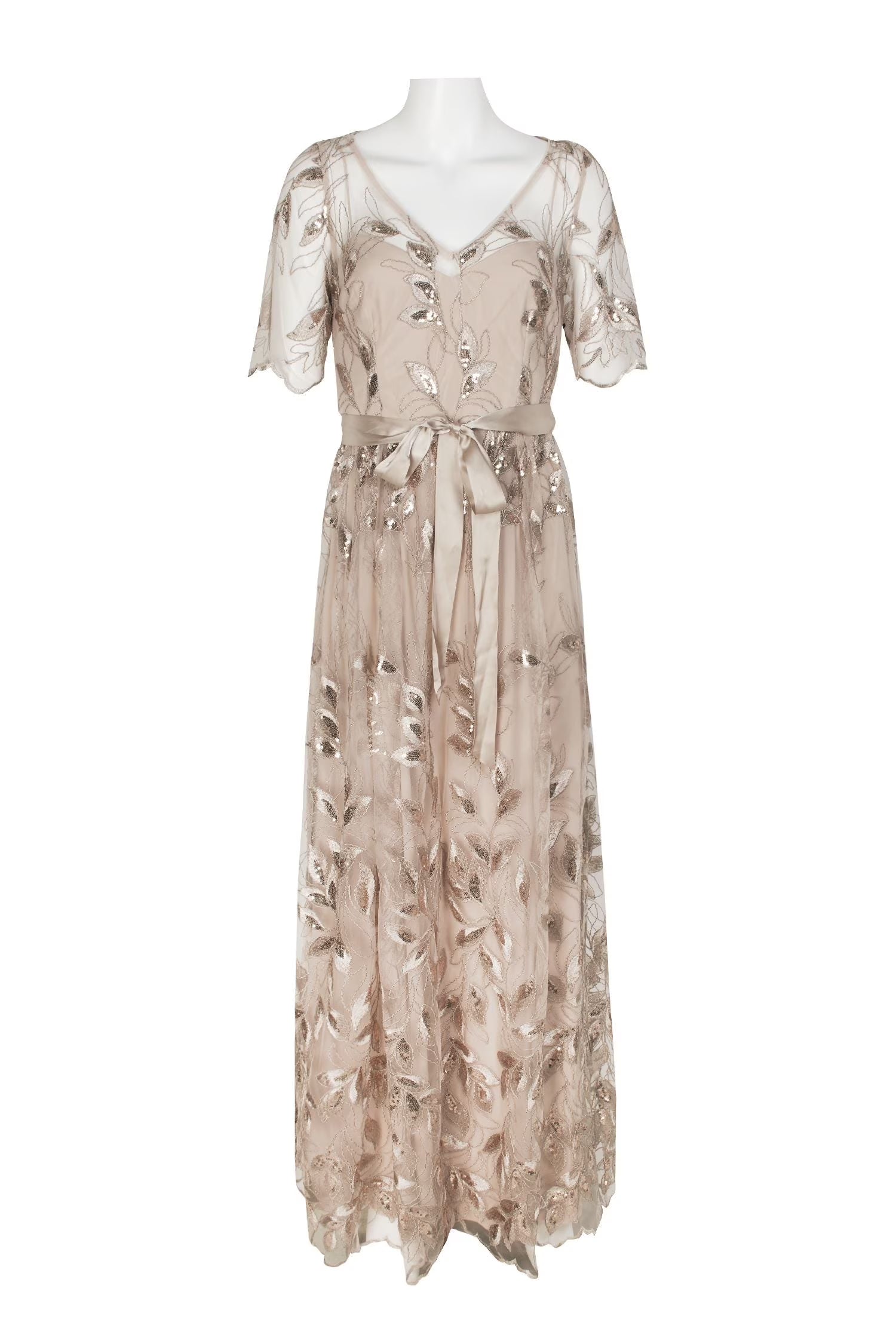 Champagne Gold V-Neck Short Sleeve Embellished Long Mesh Dress O487643