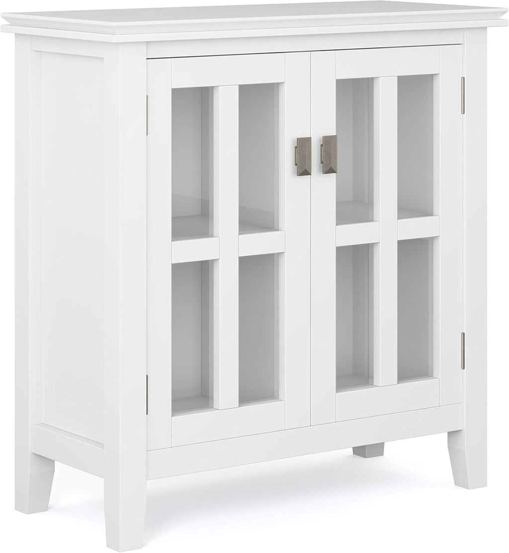 White 30 inch Solid Wood Low Storage Cabinet with 2 Tempered Glass Doors and 2 Adjustable Shelves Y12170
