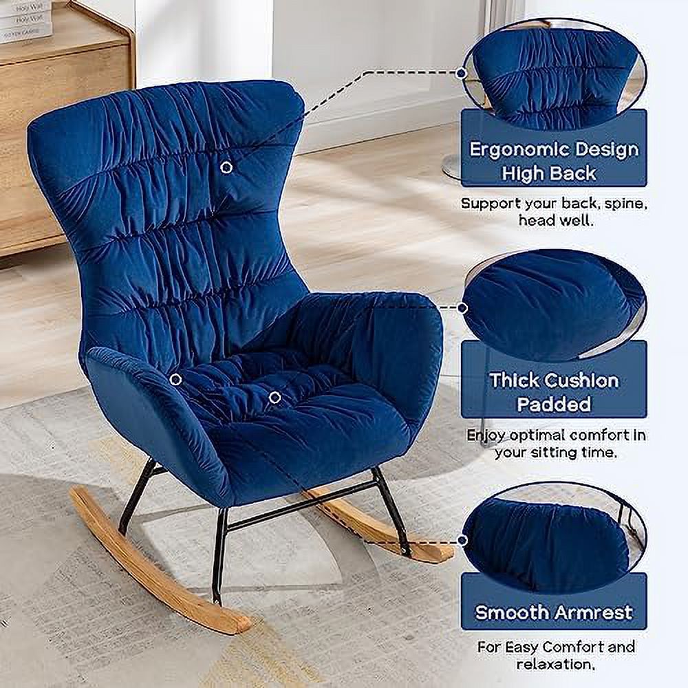 Blue Velvet Upholstered Rocking Chair with High Backrest J22993