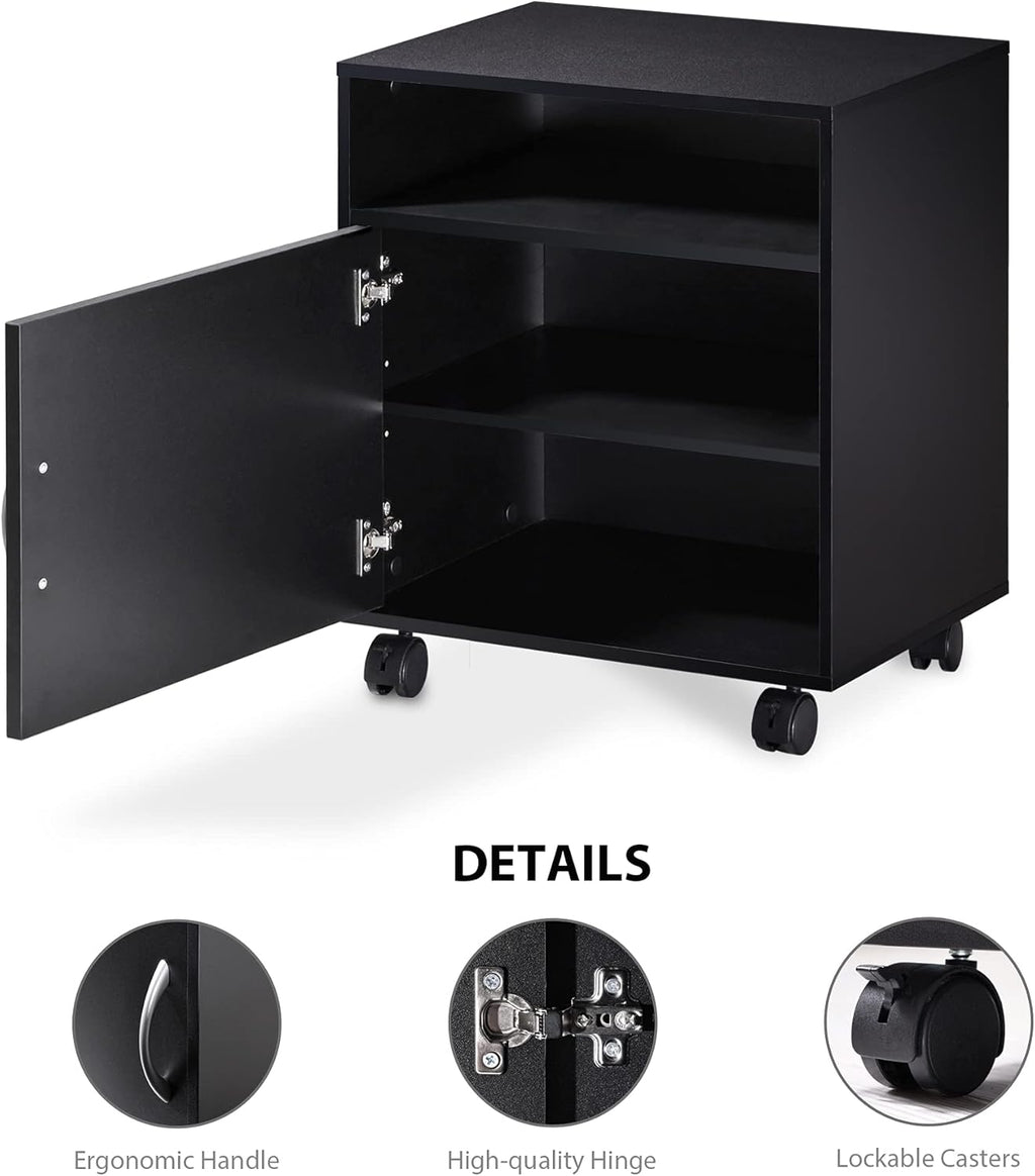 Mobile Black Wood Printer Stand with Storage Shelves and Wheels Z9112